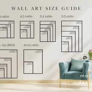 May include: Wall art size guide with various aspect ratios, including 1:1, 4:5, 3:4, and 2:3, with corresponding dimensions in inches and centimeters. The guide also features A1-A4 (ISO) and 11:14 ratio sizes. A teal armchair is in the foreground.