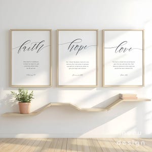 Faith Hope Love Set of 3, Hebrews 11 1, John 3 16, Jeremiah 29 11, Minimalist Christian Home Decor, Bible Verse Wall Art, Scripture Print