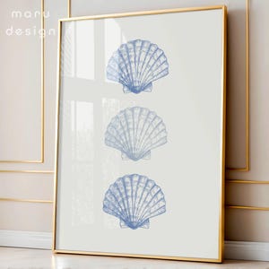 Jasnoniebieskie muszle morskie, ręcznie rysowana sztuka ścienna z motywem nadmorskim, minimalistyczny plakat z motywem plażowego lata, estetyczny wystrój domu z motywem oceanu, pobieranie cyfrowe