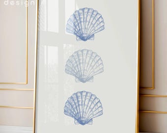 Light Blue Seashells Print, Coastal Hand Drawn Wall Art, Minimalist Beachy Summer Poster, Aesthetic Ocean Home Decor, Digital Download