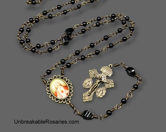 Sacred Heart of Jesus Bronze Wire Wrapped Rosary Beads In Black Onyx by Unbreakable Rosaries
