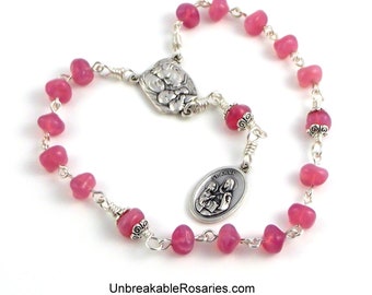 St Ann Anne Rosary Chaplet, Holy Family In Rose Opal Czech Glass Rock Beads Wire Wrapped Unbreakable Rosary