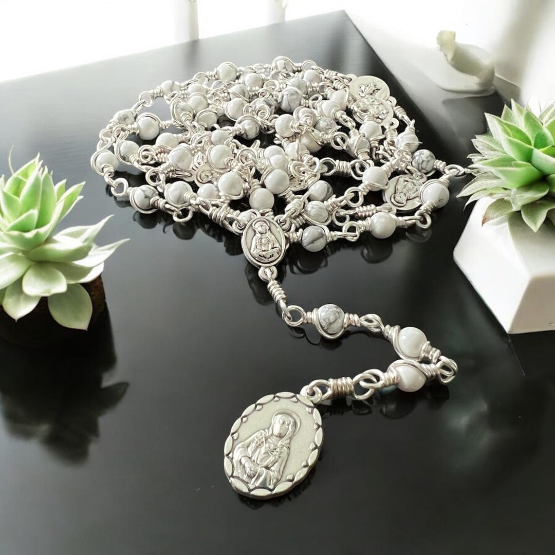 7 Seven Sorrows of Virgin Mary Servite Rosary Beads in White Magnesite ...