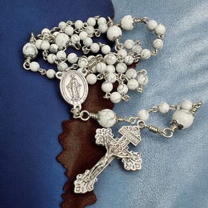 Miraculous Medal Catholic Rosary Beads | White Magnesite Stones | Italian Pardon Crucifix | Made by Unbreakable Rosaries