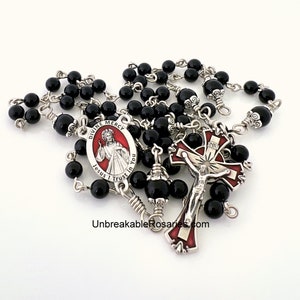 Rosary Beads Divine Mercy of Jesus, Sister Faustina Onyx Beads w Red Enamel Italian Medals by Unbreakable Rosaries image 5