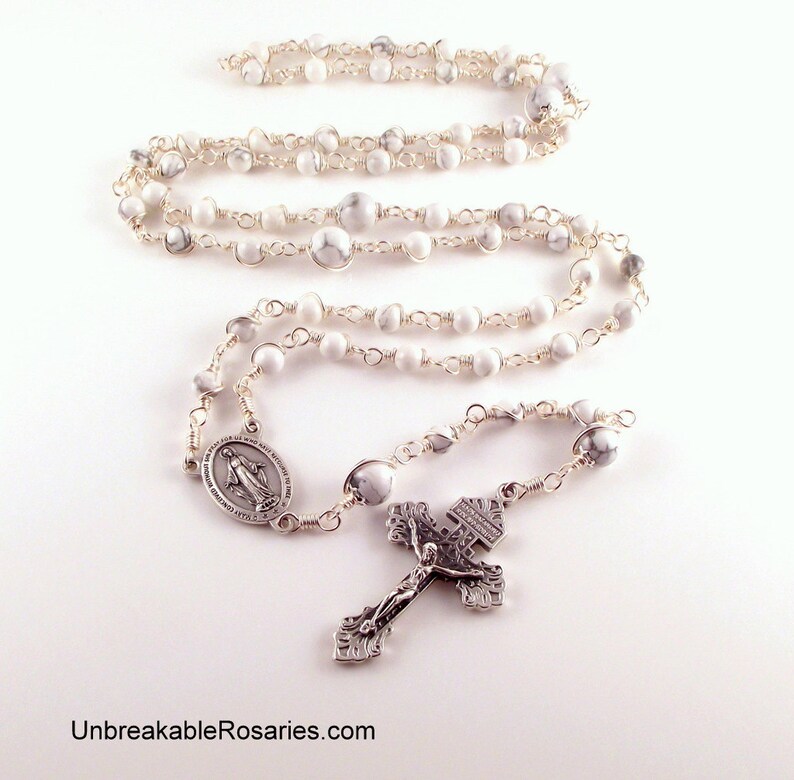 Miraculous Medal Rosary Beads In White Magnesite Wire Wrapped by Unbreakable Rosaries image 2