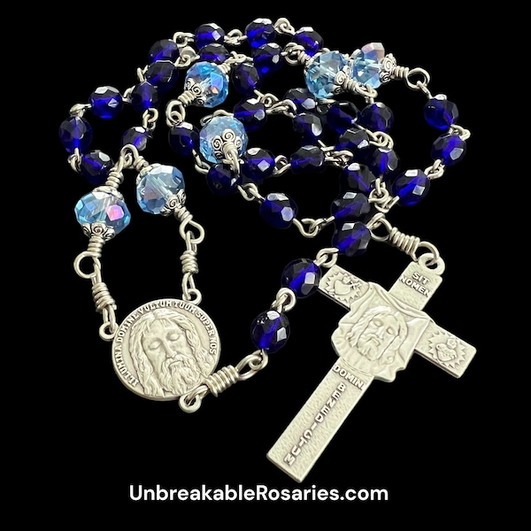Holy Face of Jesus Chaplet In Blue Czech Glass with Italian Medals by Unbreakable Rosaries