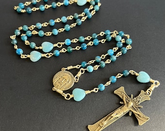 Bronze Holy Face of Jesus Rosary Beads In Natural Blue Apatite and Amazonite by Unbreakable Rosaries