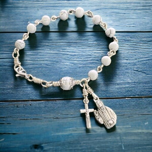 Catholic Rosary Bracelet | Saint Padre Pio | White Magnesite | Italian Medals | Made by Unbreakable Rosaries