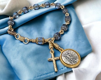 Saint Michael Rosary Bracelet, Sapphire Blue Cathedral Glass, Guardian Angel,  Italian Medals by Unbreakable Rosaries