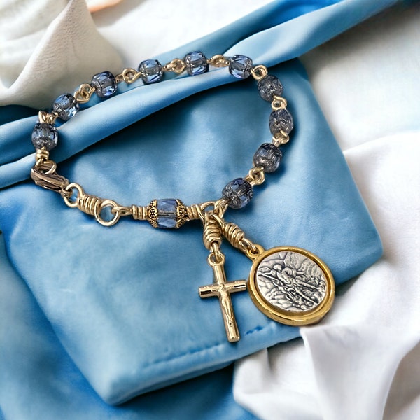 Saint Michael Rosary Bracelet, Sapphire Blue Cathedral Glass, Guardian Angel,  Italian Medals by Unbreakable Rosaries
