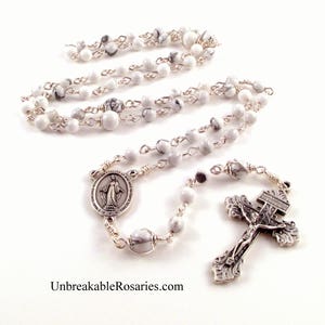 Miraculous Medal Rosary Beads In White Magnesite With Pardon Crucifix by Unbreakable Rosaries
