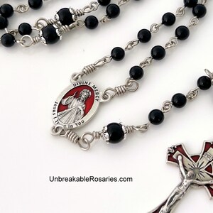 Rosary Beads Divine Mercy of Jesus, Sister Faustina Onyx Beads w Red Enamel Italian Medals by Unbreakable Rosaries image 2