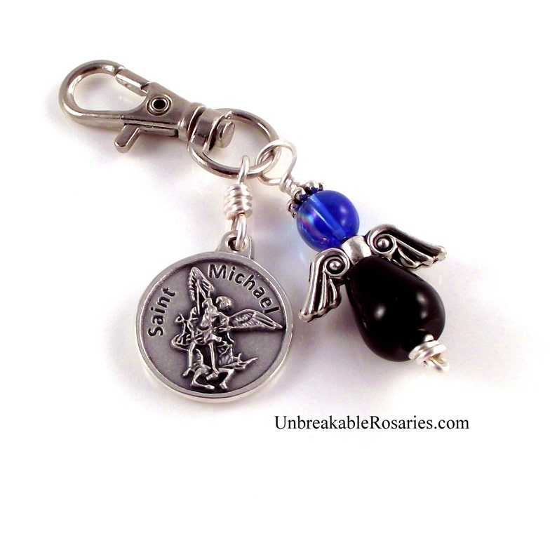 St Michael Guardian Angel Charm Police Shield Italian Medal In Black Onyx and AB Blue Czech Glass by Unbreakable Rosaries image 2