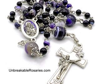 Saint Joseph Rosary Beads In Striped Purple Agate with Italian Lily Crucifix By Unbreakable Rosaries