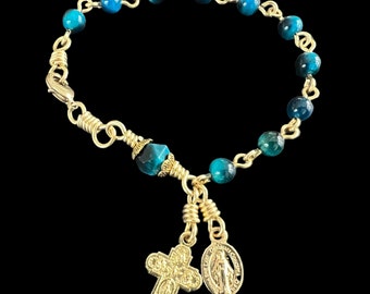 Blue Tiger Eye Rosary Bracelet Virgin Mary Miraculous Medal w 4 Way Saints Cross Italian Medals by Unbreakable Rosaries