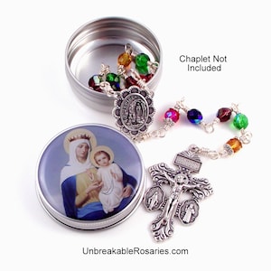 Jungfrau von Karmel mit Jesuskind Farbe Epoxy Bild Rosenkranz Zinn Fall Lagerung mit Twist Cap