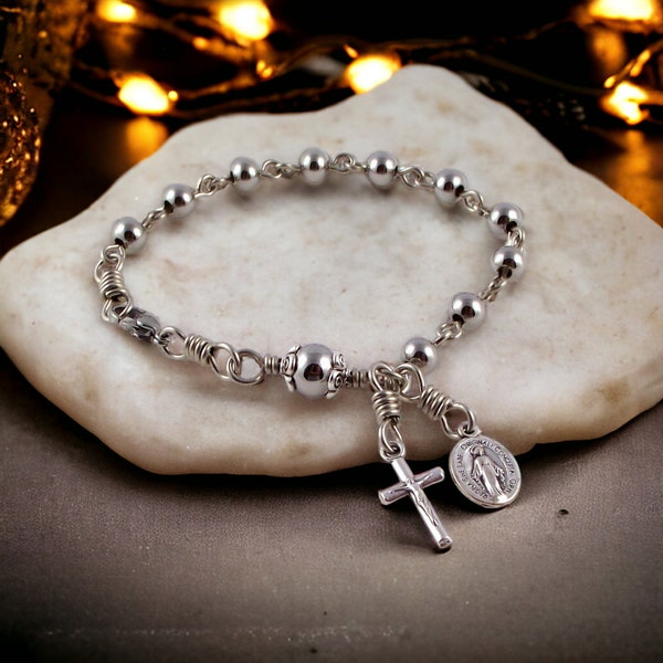 Catholic Rosary Bracelet: Stainless Steel Beads, Italian Crucifix and Miraculous Medal