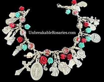 Jesus and Virgin Mary Multiple Charms Rosary Bracelet w Roses Memento Mori Wire-Wrapped by Unbreakable Rosaries