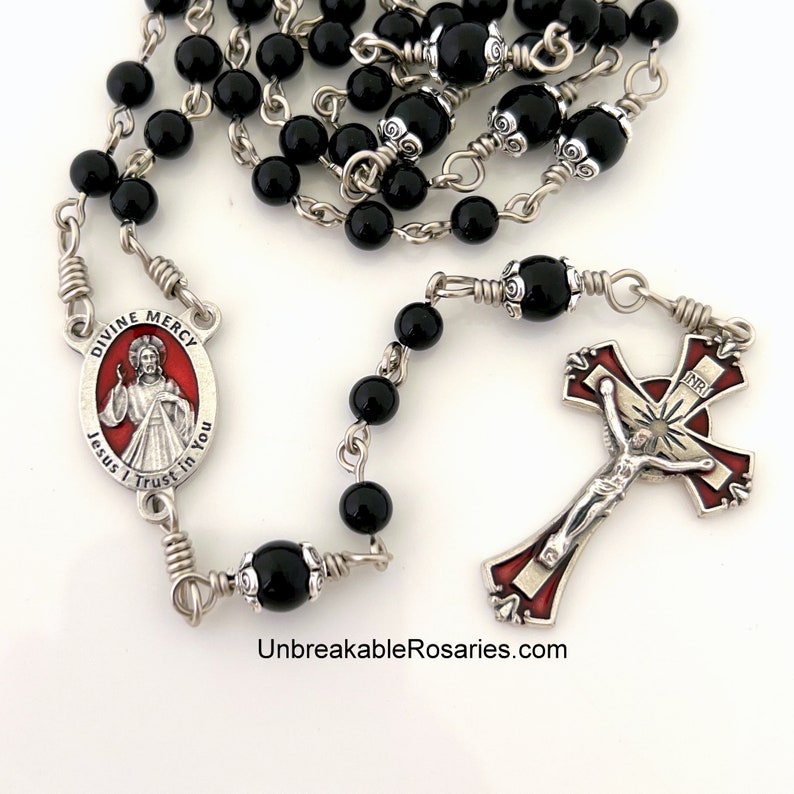Rosary Beads Divine Mercy of Jesus, Sister Faustina Onyx Beads w Red Enamel Italian Medals by Unbreakable Rosaries image 7