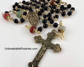 Bronze Holy Family Rosary Beads Onyx w Faceted Agate, Trinity Jubilee Crucifix by Unbreakable Rosaries