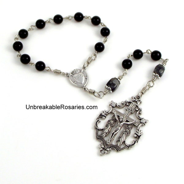 Sacred Heart of Jesus Rosary Chaplet w Virgin Mary, Mary Magdalene Italian Crucifix in Black Onyx by Unbreakable Rosaries