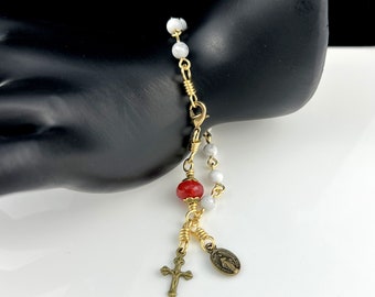 Bronze Miraculous Medal Virgin Mary Charm Bracelet White Magnesite and Red Agate by Unbreakable Rosaries