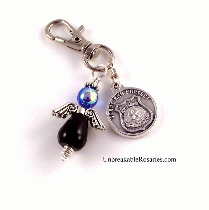 St Michael Guardian Angel Charm Police Shield Italian Medal In Black Onyx and AB Blue Czech Glass by Unbreakable Rosaries image 3