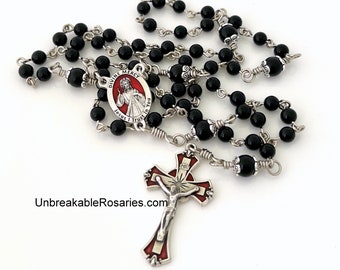 Rosary Beads Divine Mercy of Jesus, Sister Faustina Onyx Beads w Red Enamel Italian Medals by Unbreakable Rosaries