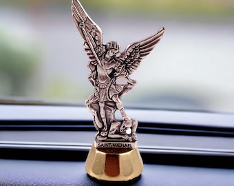 Saint Michael Archangel Car Statue: Silver and Gold, Made in Italy