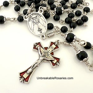 Rosary Beads Divine Mercy of Jesus, Sister Faustina Onyx Beads w Red Enamel Italian Medals by Unbreakable Rosaries image 9