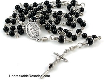 Virgin of Guadalupe, Knights Insignia Black Onyx Bead Rosary by Unbreakable Rosaries