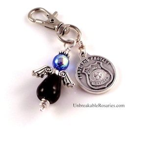 St Michael Guardian Angel Charm Police Shield Italian Medal In Black Onyx and AB Blue Czech Glass by Unbreakable Rosaries image 1