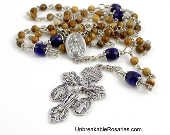 Sacred Heart of Jesus Rosary Beads w Immaculate Heart of Mary, Brown Picture Jasper and Blue Lapis by Unbreakable Rosaries