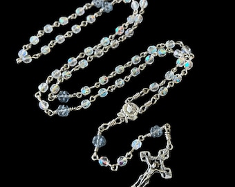 Virgin of Lourdes Rosary Beads in Clear AB Czech Glass Beads with Italian Medals  by Unbreakable Rosaries