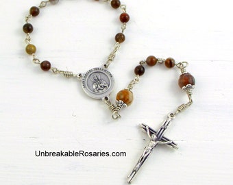 Saint Kateri Lily of The Mohawks Unbreakable Rosary Chaplet In Petrified Wood Agate with Modern Bar Italian Crucifix by Unbreakable Rosaries