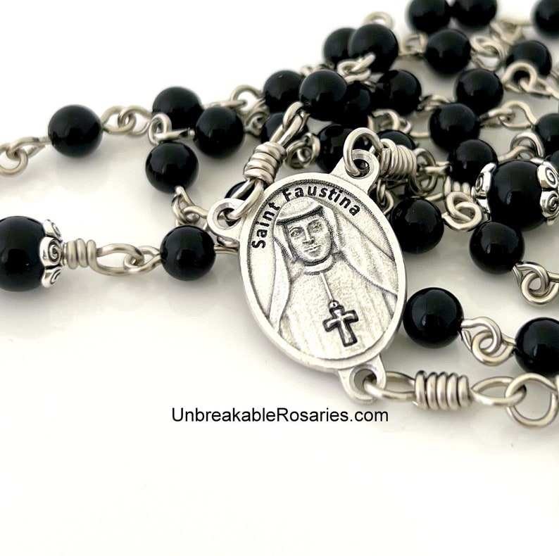 Rosary Beads Divine Mercy of Jesus, Sister Faustina Onyx Beads w Red Enamel Italian Medals by Unbreakable Rosaries image 3