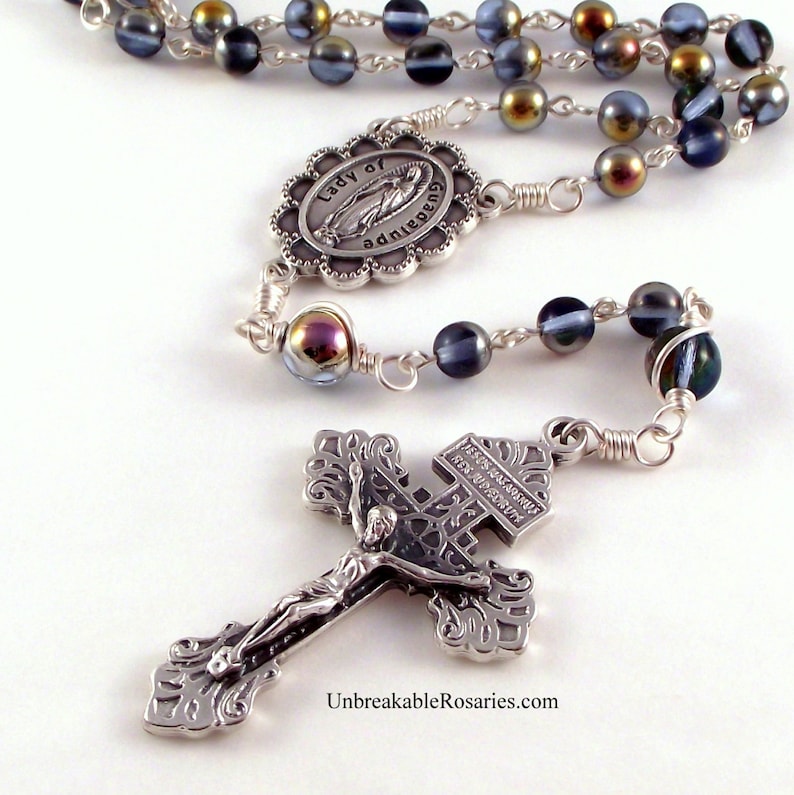 Virgin of Guadalupe Rosary Beads In Sapphire Marea Czech Glass Beads By Unbreakable Rosaries image 4