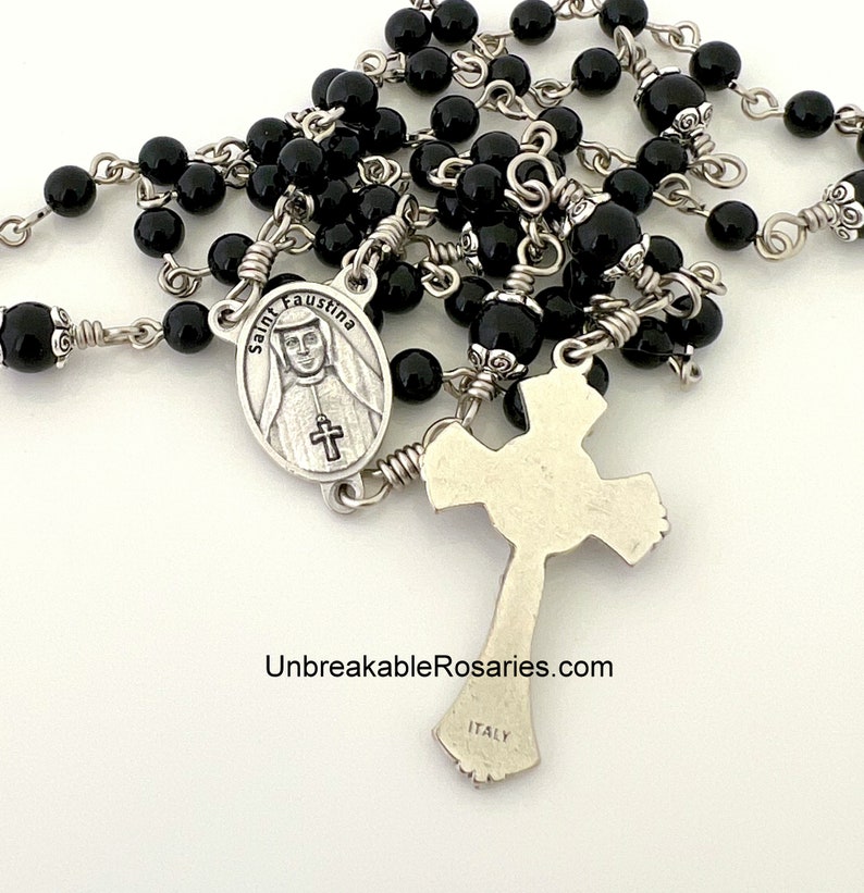 Rosary Beads Divine Mercy of Jesus, Sister Faustina Onyx Beads w Red Enamel Italian Medals by Unbreakable Rosaries image 8