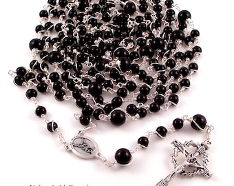 Custom 15 or 20 Decade Black Onyx Unbreakable Rosary Beads St Michael with Nail Crucifix, Nun, Priest, Habit Rosary by Unbreakable Rosaries