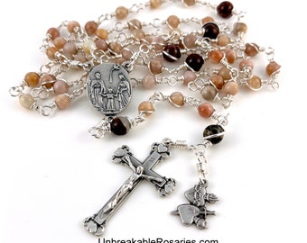 Hearts of The Holy Family Rosary Beads Wirewrapped in Sunstone and Poppy Jasper  by Unbreakable Rosaries