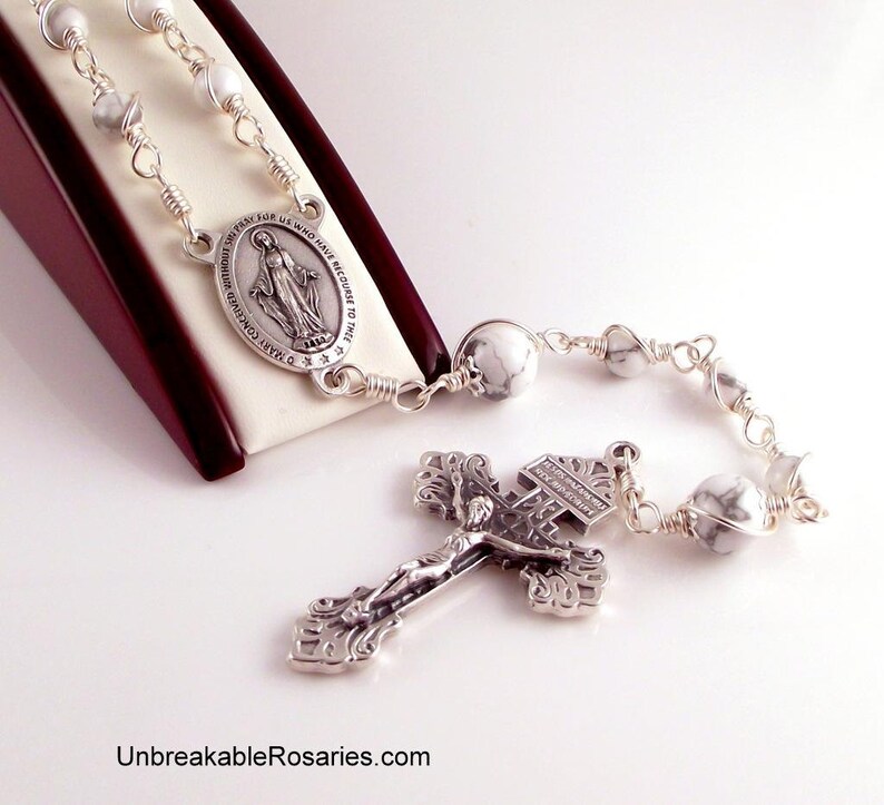 Miraculous Medal Rosary Beads In White Magnesite Wire Wrapped by Unbreakable Rosaries image 3