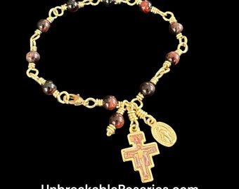 Miraculous Medal Rosary Bracelet W San Damiano Crucifix Wire Wrapped in Red Tiger Eye by Unbreakable Rosaries