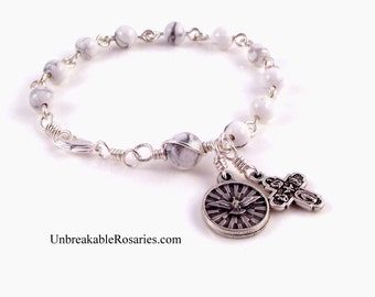First Communion Rosary Bracelet Holy Spirit White Magnesite w Four Way Cross by Unbreakable Rosaries