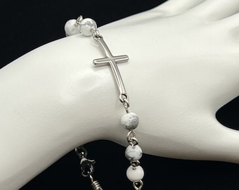 Stainless Steel Cross and White Magnesite Catholic, Christian Bracelet by Unbreakable Rosaries
