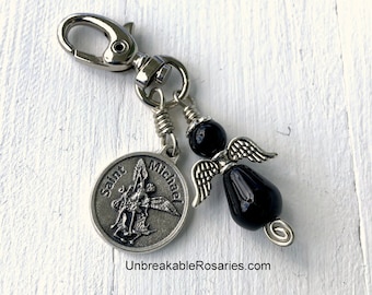 Saint Michael Black Onyx Guardian Angel Charm, Backpack Charm, Rise To Challenge Prayer