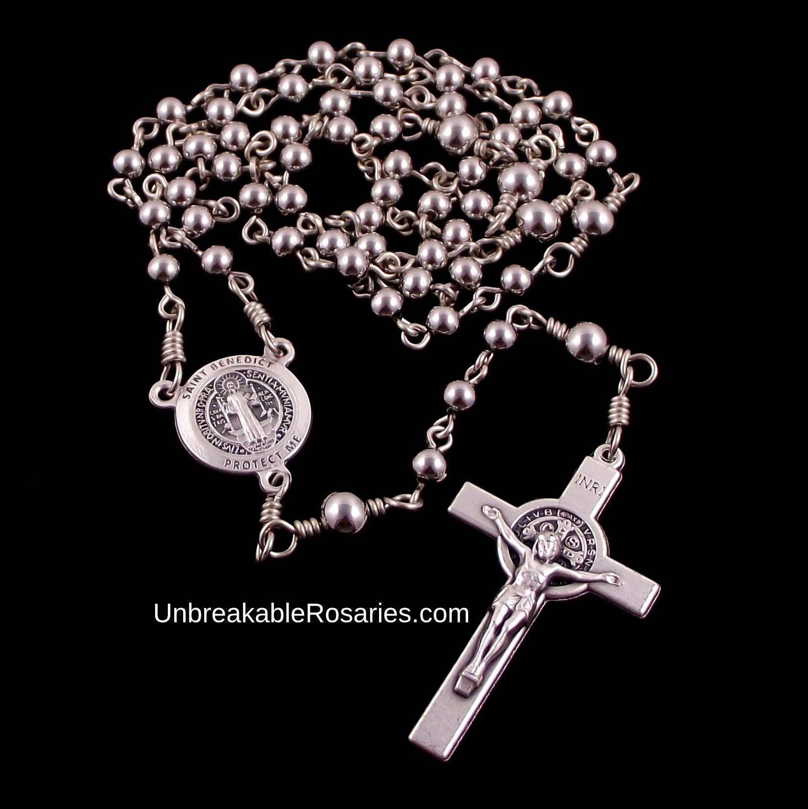 Stainless steel hematite gemstone rosary beads with Saint Benedict cen –  Unique Rosary Beads