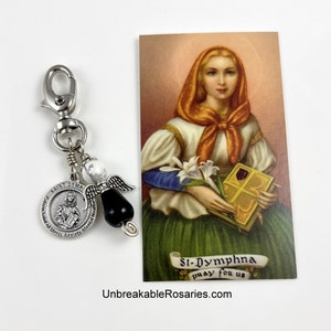 Amuleto di Santa Dymphna, Angelo Guaritore, Patrono dello Stress e dell'Ansia, Onice Nero e Magnesite Bianca, Immagine di Preghiera