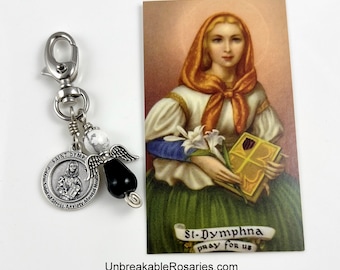 St Dymphna Healing Saint Angel Charm, Patron Saint of Stress and Anxiety, Black Onyx and White Magnesite, Prayer Card