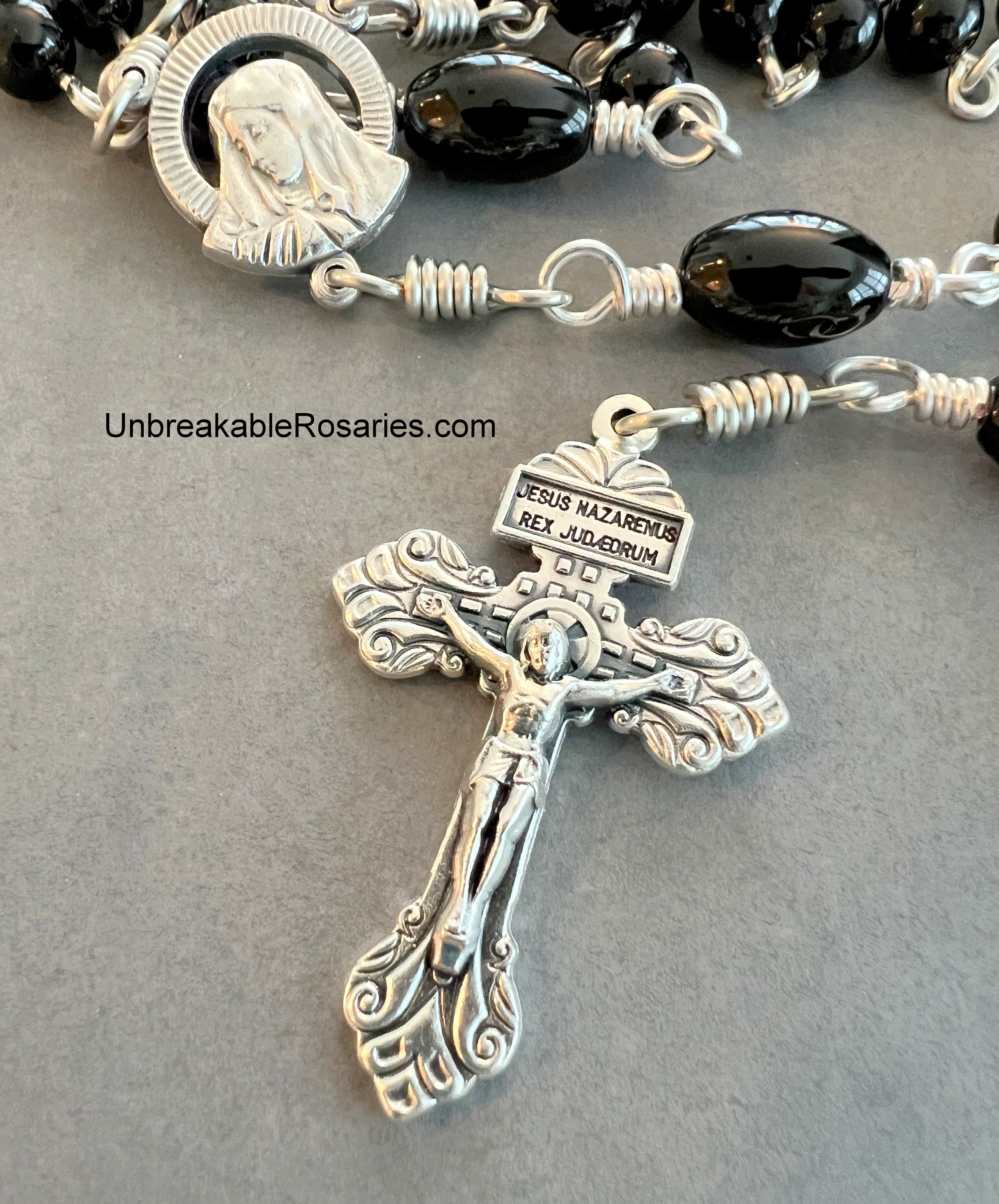 Black Onyx Unbreakable Rosary Beads: Virgin Mary, Sacred Heart